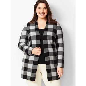 Talbots Woman Petite Buffalo Plaid Merino Wool Cardigan 3XP Black White